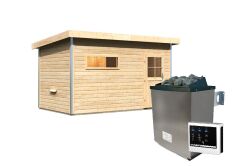 38 mm Saunahaus SKROLLAN 3 / naturbelassen / Ofen 9 KW externe Strg easy / Classic Eingangstür