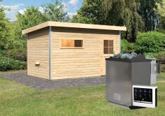 38 mm Saunahaus SKROLLAN 3 / naturbelassen / Ofen 9 kW Bio externe Strg easy / Classic Eingangstür