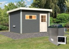 38 mm Saunahaus SKROLLAN 3 / terragrau / Ofen 9 KW externe Strg easy / Classic Eingangstür