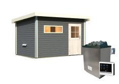 38 mm Saunahaus SKROLLAN 3 / terragrau / Ofen 9 KW externe Strg easy / Classic Eingangstür