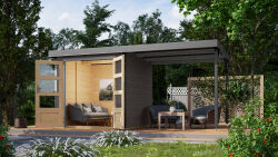 Karibu Hybrid Gartenhaus JUPITER 2 B terragrau mit Anbaudach ca. 2,40 cm  breit / Blech graualuminium