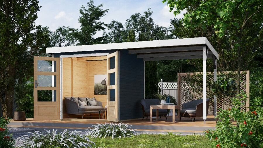 Karibu Hybrid Gartenhaus JUPITER 2 C anthrazit mit Anbaudach ca. 2,40 cm  breit / Blechvariante: weiß