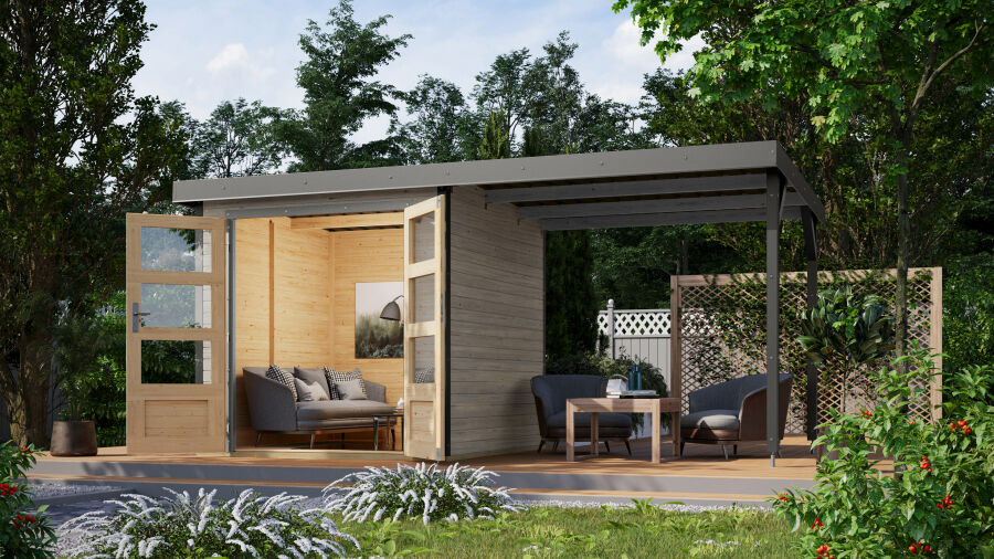 Karibu Hybrid Gartenhaus JUPITER 2 D wassergrau mit Anbaudach ca. 2,40 cm  breit / Blech graualuminium
