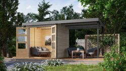 Karibu Hybrid Gartenhaus JUPITER 2 D wassergrau mit Anbaudach ca. 2,40 cm  breit / Blech graualuminium