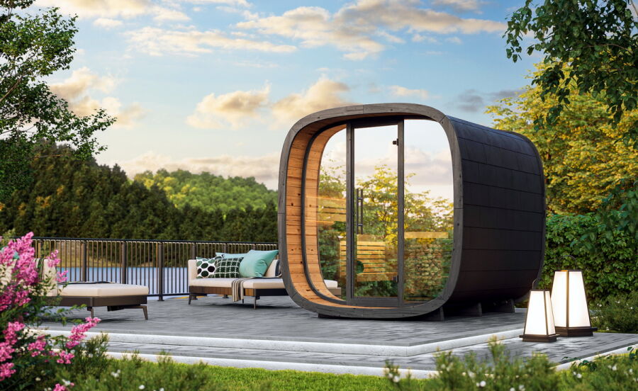 Saunasell Saunafass ROUND CUBE MINI EXCLUSIVE 220x240 cm inkl. Dachschindeln schwarz, Bausatz, Thermo-Holz