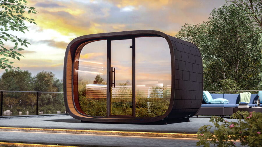 Saunasell Saunafass ROUND CUBE RELAX 301x200 cm inkl. Dachschindeln schwarz, Bausatz, Thermo-Holz