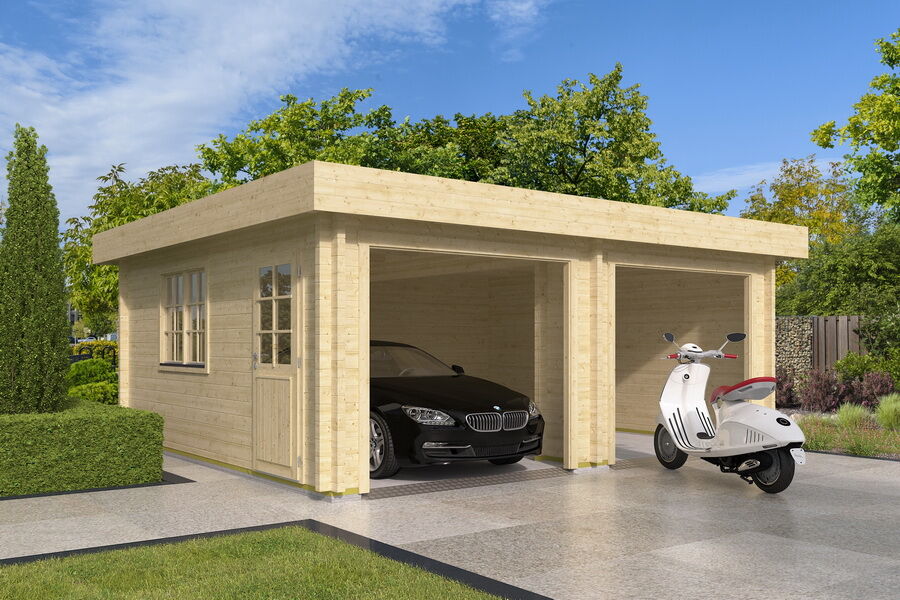 Topgarden Doppelgarage PRIMUS 595 x 530 cm (A) 44 mm, Flachdach, ohne 2 Tore