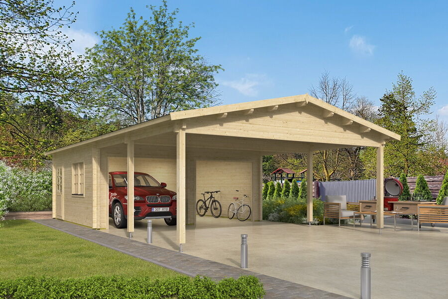 Topgarden Doppelgarage mit Carport BORIS 595 x 1069 cm (A); 70 mm Doppelnut, Satteldach, ohne 2 Tore