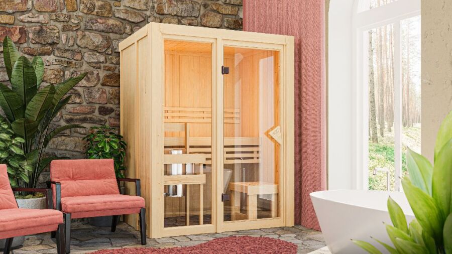 Sauna MODERNO 1 (Fronteinstieg) / Ofen 3,6 kW Bio externe. Strg easy