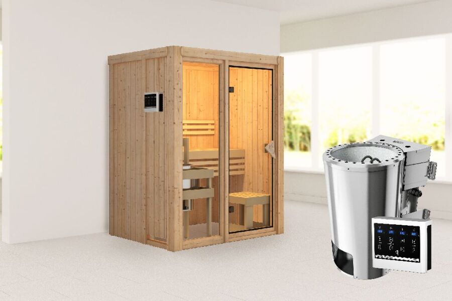 Sauna MODERNO 1 (Fronteinstieg) / Ofen 3,6 kW Bio externe. Strg easy