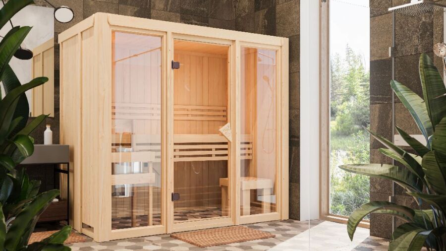 Sauna MODERNO 2 (Fronteinstieg) / Ofen 3,6 kW Bio externe. Strg easy