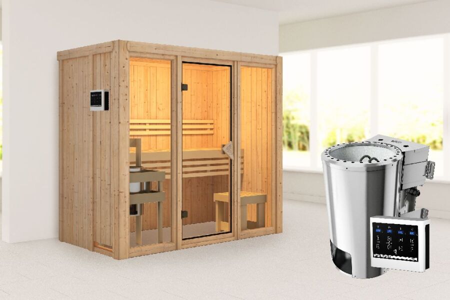 Sauna MODERNO 2 (Fronteinstieg) / Ofen 3,6 kW Bio externe. Strg easy