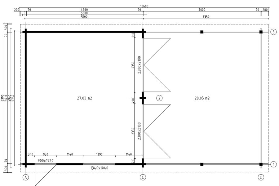 Topgarden Doppelgarage mit Carport BORIS 595 x 1069 cm (A); 70 mm Doppelnut, Satteldach, mit 2 Holztoren