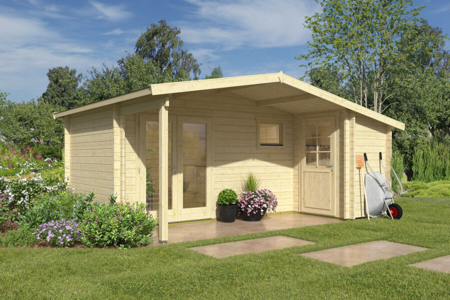 Gartenhaus BENNO PLUS 530x450 cm ISO (A); 44 mm Doppelnut; Anbau rechts, inklusive Boden; 2-Raum-Haus