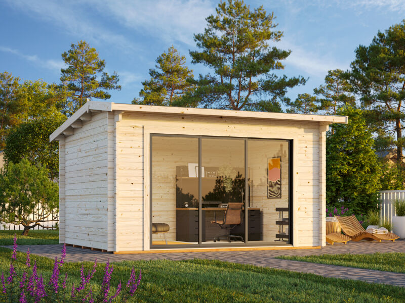 Gartenhaus INES 11,1 m² - 390x300cm, 44mm, inkl. Boden, Schiebetür, transparent tauchimprägniert