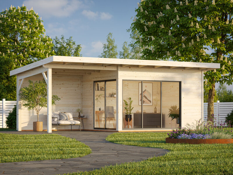 Gartenhaus ANDREA 11,2 + 7,9 m² - 690x300 cm, 44mm, inkl. Boden, Schiebetür - natur + farbig -