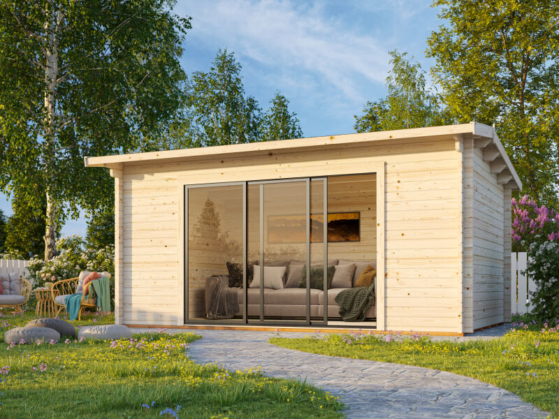 Gartenhaus INES 13,7 m² - 480x300cm, 44mm, inkl. Boden, Schiebetür, naturbelassen