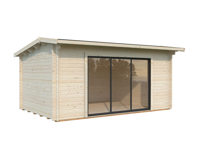 Gartenhaus INES 13,7 m² - 480x300cm, 44mm, inkl. Boden, Schiebetür, hellbraun tauchimprägniert