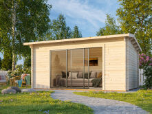 Gartenhaus INES 13,7 m² - 480x300cm, 44mm, inkl. Boden, Schiebetür, hellbraun tauchimprägniert