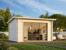 Gartenhaus INES 11,1 m² PLUS ISO - 390x300cm, 44mm, inkl. Boden, Schiebetür, transparent tauchimprägniert