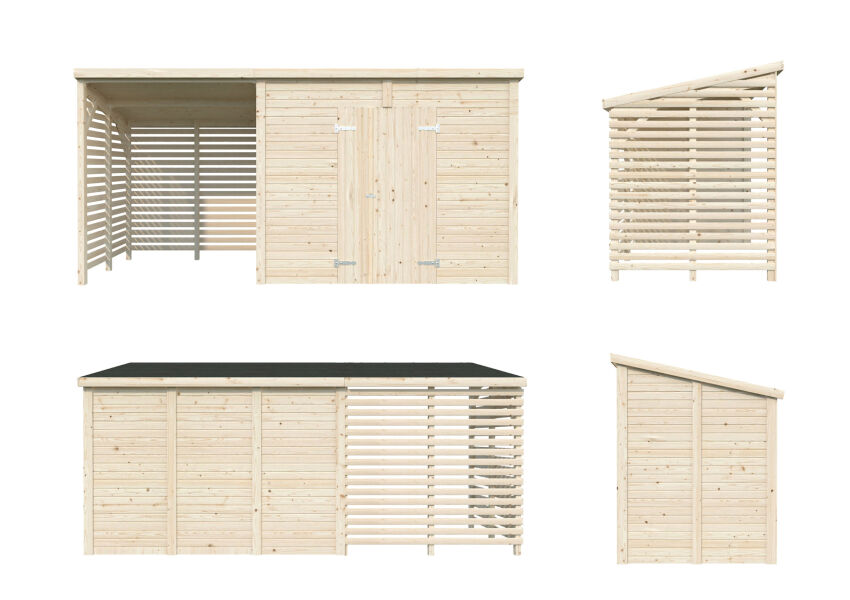Palmako Gerätehaus LEIF 4,5+2,9 m², 16 mm, 460x170 cm, inkl. Fußboden, natur + farbig