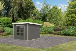 Gartenhaus Hybrid ORION terragrau/Rahmen weiß 28 mm - 271x271 cm, Stahlecken, Trapezblechdach