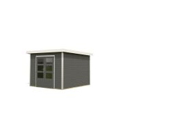 Gartenhaus Hybrid ORION terragrau/Rahmen weiß 28 mm - 271x271 cm, Stahlecken, Trapezblechdach
