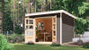 Gartenhaus Hybrid ORION terragrau/Rahmen weiß 28 mm - 271x271 cm, Stahlecken, Trapezblechdach