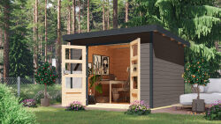 Gartenhaus Hybrid ORION terragrau/Rahmen anthrazit 28 mm - 271x271 cm, Stahlecken, Trapezblechdach