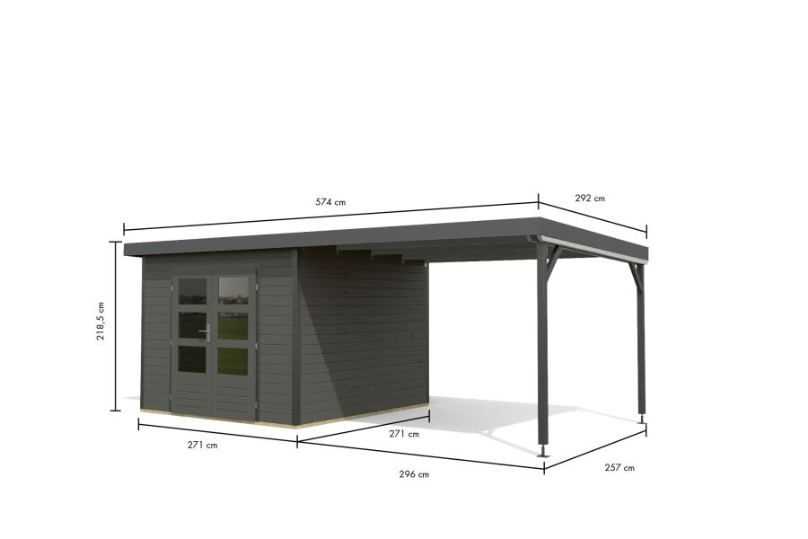 Gartenhaus Hybrid ORION terragrau/Rahmen anthrazit 28 mm - 271x271 cm + 300 cm Schleppdach, Stahlecken, Trapezblechdach