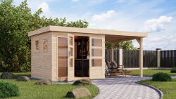 Karibu Gartenhaus LAHAR 3,5 naturbelassen mit Anbaudach...