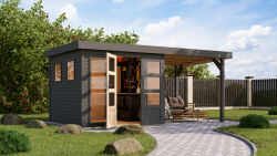 Karibu Gartenhaus MAHAR 3,5 terragrau mit Anbaudach 19 mm...