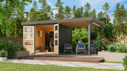 Karibu Gartenhaus MAHAR 3,5 terragrau mit Anbaudach 19 mm...