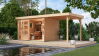 Karibu Gartenhaus LAHAR 5 terragrau mit Anbaudach 19 mm Wändstärke