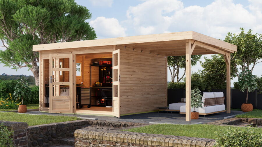 Karibu Gartenhaus MAHAR 6 naturbelassen mit Anbaudach 19 mm Wändstärke