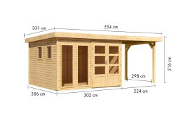 Karibu Gartenhaus MAHAR 6 naturbelassen mit Anbaudach 19...