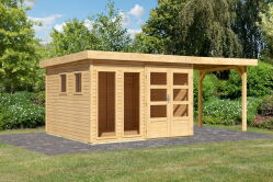 Karibu Gartenhaus MAHAR 6 naturbelassen mit Anbaudach 19 mm Wändstärke