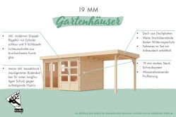 Karibu Gartenhaus MAHAR 6 naturbelassen mit Anbaudach 19 mm Wändstärke