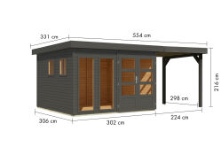 Karibu Gartenhaus MAHAR 6 terragrau mit Anbaudach 19 mm...
