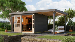 Karibu Gartenhaus MAHAR 6 terragrau mit Anbaudach 19 mm...