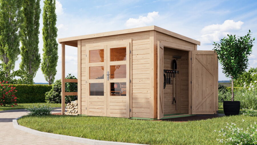 Karibu Multifunktionshaus natur 28 mm mit Schrank und Anbaudach