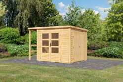 Karibu Multifunktionshaus natur 28 mm mit Schrank und Anbaudach