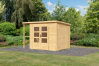 Karibu Multifunktionshaus natur 28 mm mit Schrank und Anbaudach
