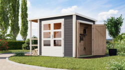 Karibu Multifunktionshaus terragrau 28 mm mit Schrank und Anbaudach