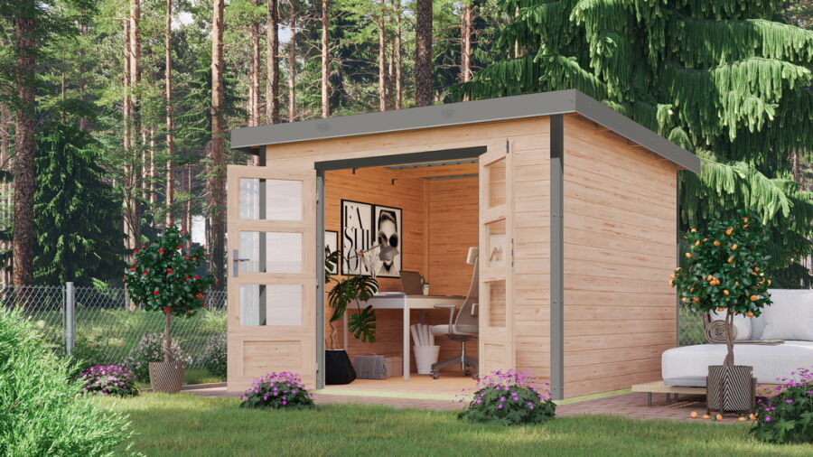 Karibu Hybrid Gartenhaus PLUTO 6 A naturbelassen / Metall  graualuminium 28 mm 270 x 270 cm
