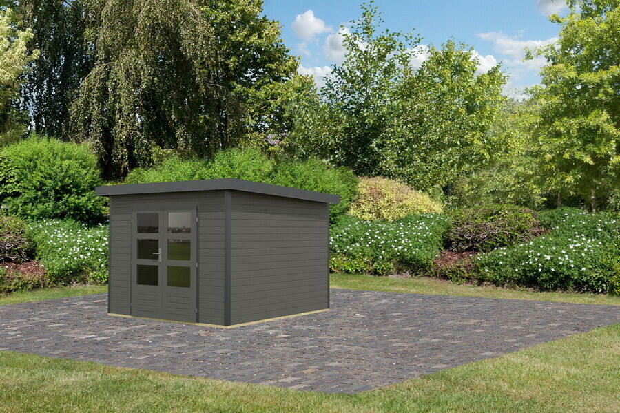 Karibu Hybrid Gartenhaus PLUTO 6 B terragrau / Metall anthrazit 28 mm 270 x 270 cm