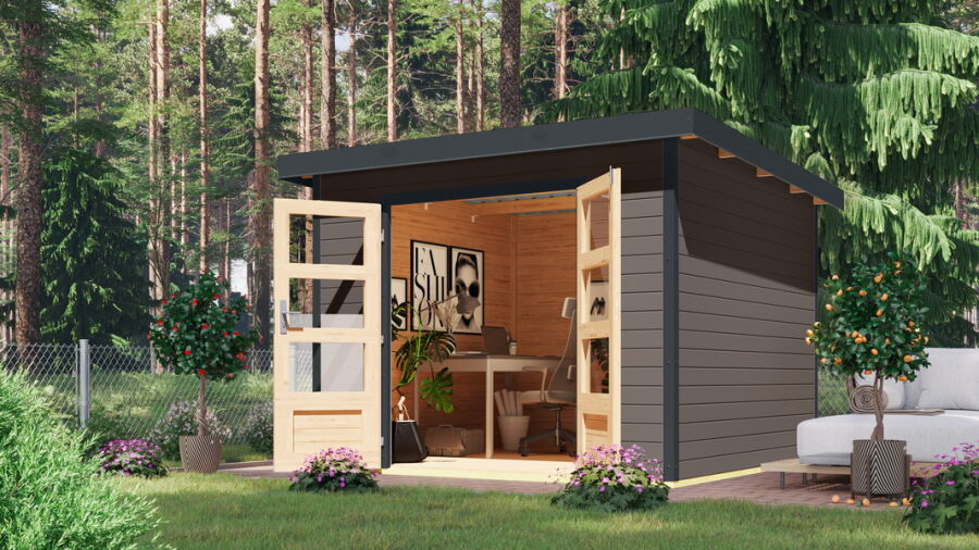 Karibu Hybrid Gartenhaus PLUTO 6 B terragrau / Metall anthrazit 28 mm 270 x 270 cm