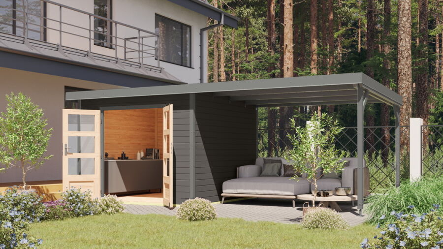 Karibu Hybrid Gartenhaus PLUTO 6 B terragrau / Metall graualuminium 28 mm mit Anbaudach 3 m 570 x 270 cm