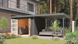 Karibu Hybrid Gartenhaus PLUTO 6 B terragrau / Metall graualuminium 28 mm mit Anbaudach 3 m 570 x 270 cm