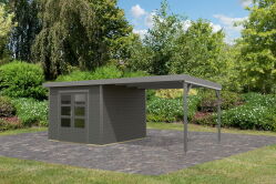 Karibu Hybrid Gartenhaus PLUTO 6 B terragrau / Metall graualuminium 28 mm mit Anbaudach 3 m 570 x 270 cm